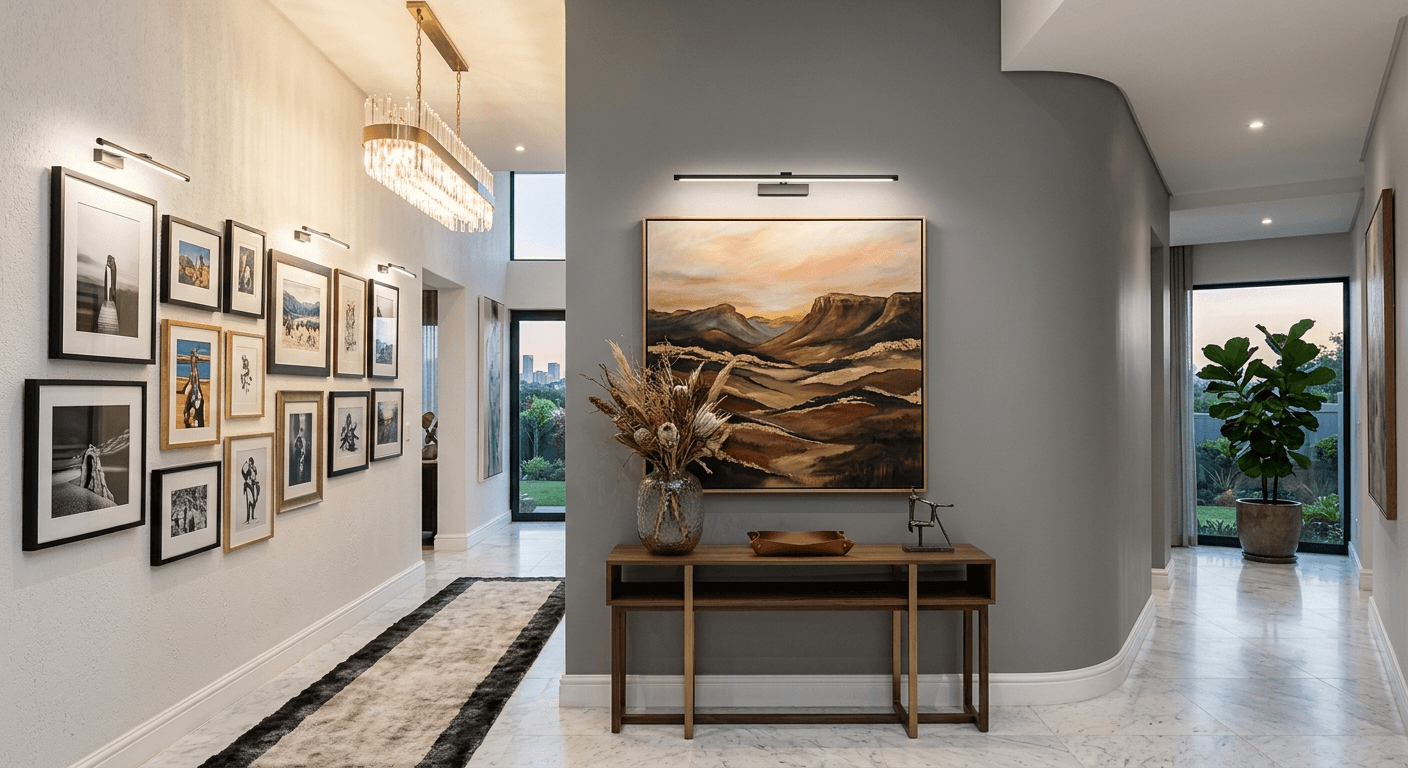 Artwork and framed prints hung level on a feature wall