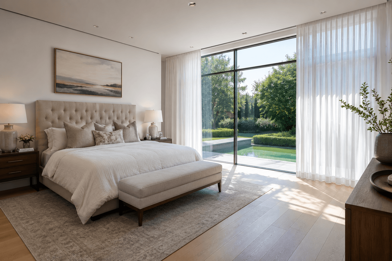 Curtain rails installed level across a large window
